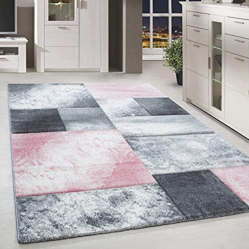 HomebyHome Teppich 280x370 cm XXL Kurzflor Konturenschnitt in Pink Grau Weiß Kariertes Design, Extra Weich, Pflegeleicht, Waschbar Für Großes Wohnzimmer oder Esszimmer