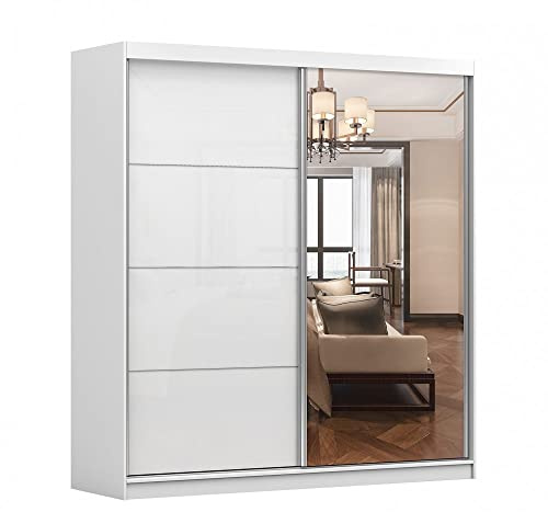 Kleiderschrank M35 mit Spiegel 203 cm, Schwebetürenschrank, Garderobeschrank Schlafzimmer; Wohnzimmerschrank; Korpus Schrank Farbe: Weiß; Farbe der Schrankfront: Weiß Hochglanz- 2 Schiebetüren