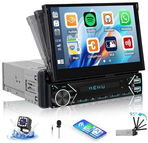 [Trådlös uppgradering] CAMECHO bilradio 1 Din med trådlös Carplay och Android Auto Stereo, 7 tum elektrisk flip ut bilradio skärm med Bluetooth, FM, AUX, USB spegellänk