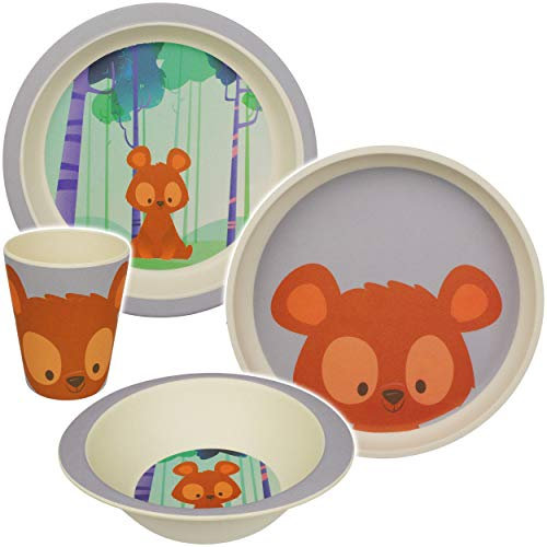 alles-meine.de GmbH 4 TLG. Set - Kunststoff - Geschirrset - Teddy Bär/Waldtiere - BPA frei - Kunststoffgeschirr - Trinktasse + Teller + Müslischale - Spülmaschinenfest - Kinder..