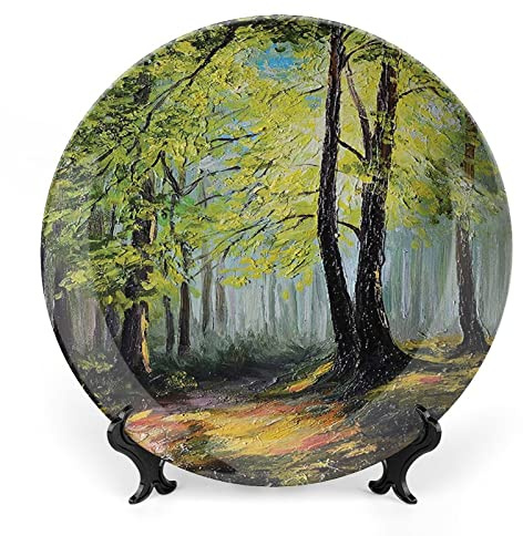 8 Inch Decorative Plate, Country Porcelain Plate, Painting Landscape of Forest Dark and Deep Fresh Colors in Autumn Print Ceramic Wall Hanging Decor Accessory for Dining Table Tabletop Home Decor