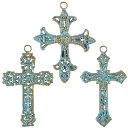 3 Pcs Cast Iron Crosses Wall Decor, 5.1 x 6.5 Metal Decorative Cross Wall Hanging, Small Antique Spiritual Crosses Wall Art, Beautiful Cross Set Decorations for Home Living Room Office Wedding