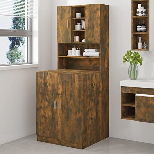 Homgoday Washing Machine Cabinet Smoked Oak Engineered Wood, Dryer Accessory Bathroom Cabinet, Washroom Laundry Room Home Furniture Washer Cupboard Storage Rack Cabinet