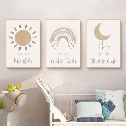 Herfair Poster Kinderzimmer, 3er Set Sonne Regenbogen Mond Kinderposter, Islamische Bilder Kinderzimmer, Wandbilder Leinwand, Ohne Rahmen (21x30cm)