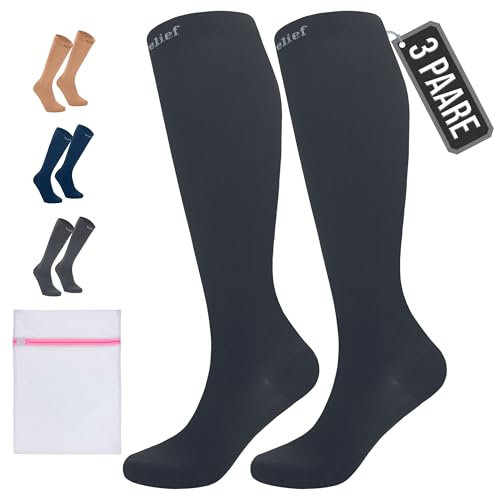360 Relief Calze Compressione Graduata Donna e Uomo - 3 Coppie Solido Colore Gambaletti Compressione Graduata per Sports, Running, Viaggio, Ciclismo, Lavoro - S/M Nero con Borsa Lavanderia