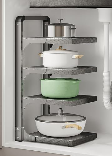 LNGFSH Pots and Pans Organiser Rack Adjustable Saucepan & Lid Storage Rack Carbon Steel for Cupboard, Cabinet or Kitchen Counter Holds Heavy-Duty Pots, Cast-Iron Pans (Gray,4 Tier)