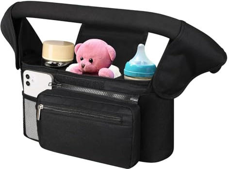 Hranio Pram Bag Organiser with Cup Holder for Pram Accessories, Pushchair Organiser, Baby Essentials, Large Capacity, Shoulder Strap & Non-Slip Secure Hooks, 3 Insulated Cup Holder