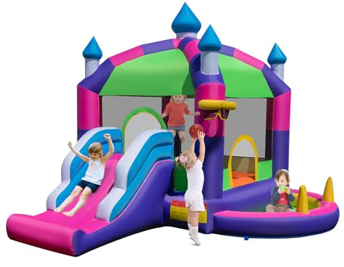 GOPLUS 3 in 1 Hüpfburg mit Gebläse, Aufblasbare Springburg mit Rutsche & Kletterwand, Spielburg für Indoor & Outdoor, für Garten & Hof (Kuppel, Ohne Gebläse)