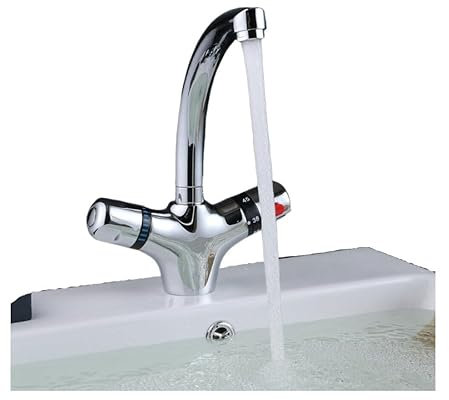 Mitigeur thermostatique de lavabo robinet salle de bain avec thermostat poignée rotative sous meuble chromé