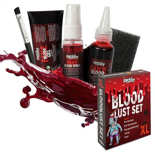 Festicy Set Sangue Finto Halloween XXL 2026 I Sangue Finto Lavabile (50ml Spray, 40g Gel, 50ml Liquido), Spugna, Pennello I Make Up , Costumi, Effetti Spaventosi I Trucchi Halloween Bambini e Adulti