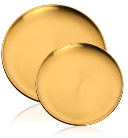 Buyer Star Stainless Steel Plate, Stainless Steel Round Dinner Plates, Metal Serving Plate, Dessert Plate, Dinner Dishes Plates Set for Camping Outdoor, Barbecue, Non-Toxin (Gold, 23+30cm)