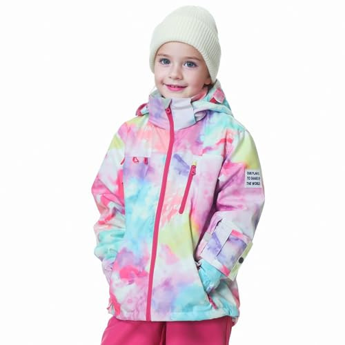 MONTFLIX Girls Ski Jacket Waterproof Warm Winter Snow Coat With Hooded for Outdoor Snowboarding Skiing Jackets（8Y,Watercolor