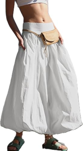 ThiCc Jupe longue à bulles pour femme – Y2k Boho Casual Fashion Coupe ample élastique taille haute fluide Jupe longue d'été Jupe ballon mignonne jupe bouffante pour vacances plage Ourfit, blanc, L