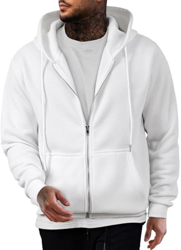 JMIERR Hoodie Herren Fleece Baumwolle Einfarbig Sweatjacke Warm,Weiß 3XL