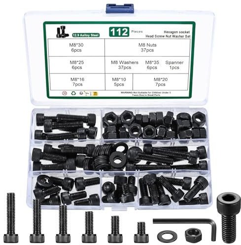 112 Pz Set di Viti e Dadi, M8 Bulloni a Testa Esagonale e Dadi con Rondella, Viti a Testa Esagonale, Bulloni a Brugola per Macchine, Nero