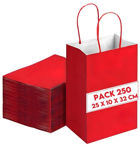 250 Geschenktüten aus Kraftpapier, rot, 25 x 10 x 32 cm – Geschenktasche zum Geburtstag – Geschenktasche mit gedrehten Griffen, ideal für Geschenkverpackungen, Feiern, Weihnachten, Hochzeit, Party