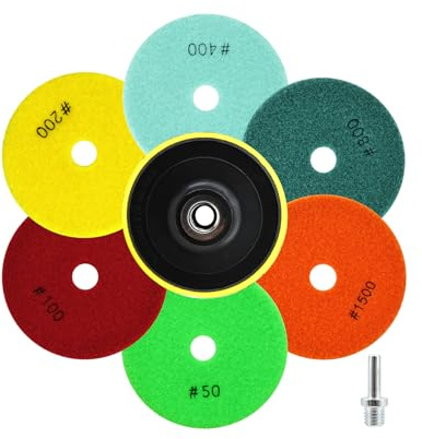 QUEFORET Diamond Polishing Pads Set 8pcs - 6pcs 100mm Wet Sanding Discs (Grit 50/100/200/400/800/1500), 1pc M14 Thread Backing Pad, 1pc Adapter for Granite Marble Quartz Artificial Stone