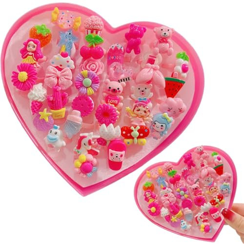 FENQURO 36 Pièces Bagues pour Enfants, Anneaux Réglables pour Filles, Licorne Bagues Princesse avec Boîte en Forme de Coeur, Girl Semblant de Jouer et Habiller des Anneaux Cadeau à une Petite Fille