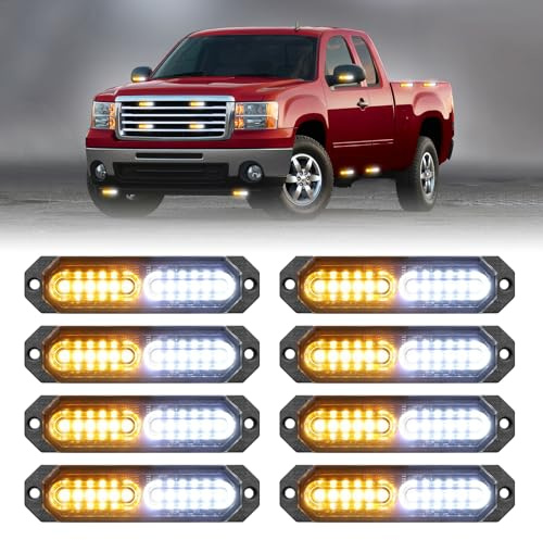 HLauto 1200T Emergency Strobe Grille Lights: 8pcs 12 LED Sync Feature Safety Warning Flashing Lights, Ultra Slim Surface Mount Hazard Caution Light for Trucks, Vehicles, Car, ATV, UTV (Amber White)