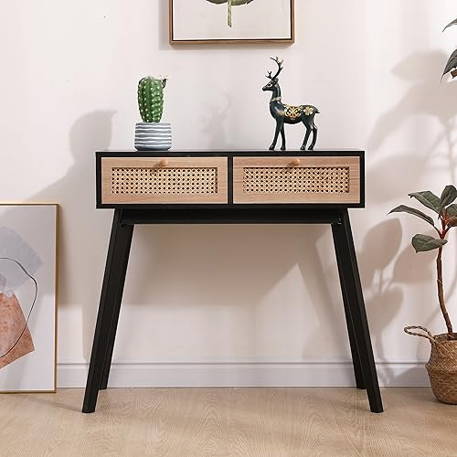Table console d'entrée élégante en pin naturel avec rotin tissé – Design moderne 80 x 30 x 77,5 cm – Rangement idéal pour les petits espaces – Solution de décoration d'intérieur chic