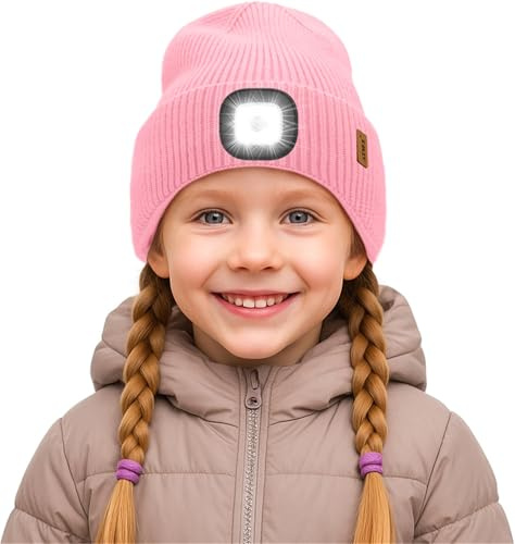 ATNKE Barn LED mössa med ljus, USB uppladdningsbar 4 LED Löpning Keps Ljus Ultra Ljus Handfri Lampa Vinter Varm Fleece Fodrad Stickad Mössa Gåvor för Pojkar och Flickor, Rosa, one size