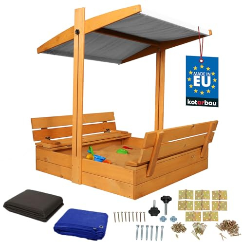 KOTARBAU® Sandlåda i Trä - 100 x 100 cm - Brun - Sandlåda med Lock - Bänkar - för Barn Utomhus - med Grått Tak - med Solskydd och Markduk