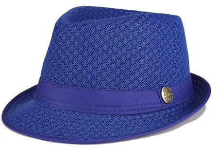 HEYANN Chapeau Fedora d'été unisexe, chapeau Fedora en maille pour homme à bord court, chapeau de soleil Trilby Panama, chapeau de soleil pliable pour homme et femme, 58 cm, bleu, Taille unique
