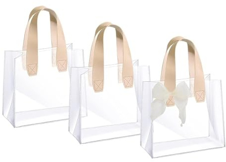 3 Stück Durchsichtige Tasche Geschenktüte Hochzeit - Klare Geschenktüten Geschenktaschen mit Griffen PVC Plastik für Geburtstage Hochzeiten Weihnachten 23x25x14cm