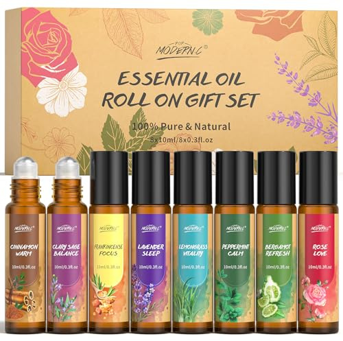 Ätherische Öle Roll-On-Set, 8x10ml Tragbare Ätherische Öle, für Unterwegs, Büro, Zuhause für Lavendel, Pfefferminze, Zitronengras, Muskatellersalbei, Bergamotte, Entspannendes Geschenk Frauen Männer