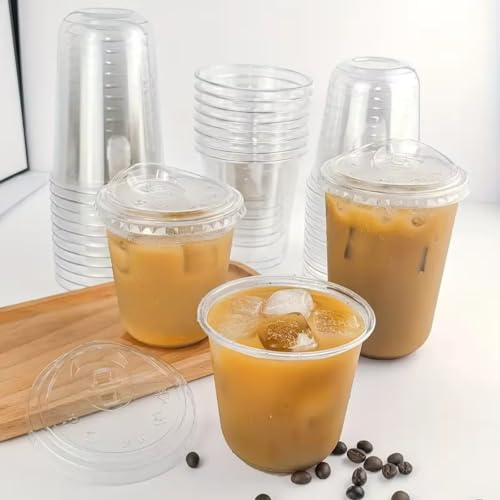 Bubble Crush Plastic Plastic Cups with Lids, 24oz Set of 50, Strong Takeaway Cups with Strawless Sip Lids for Iced Coffee Milkshakes, Smoothies, Slusly and Bubble Tea