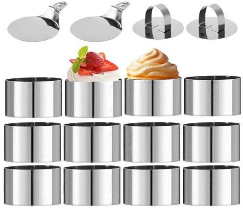 12 Stück Dessertringe 8cm, Speiseringe, Edelstahl Servierringe mit 2 Grundplatten und 2 Deckeln, Tortenring, Kleiner Kuchenring für Dessert, Kuchen, Mousse (12)