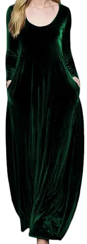 Minetom Femme Velours Robe Longue Automne Hiver Elegant Col Rond Couleur Unie Manches Longues Soirée Fête Cocktail Maxi Dress A Vert L