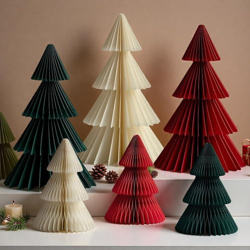 3 Stücks Papier Weihnachtsbaum Tannenbaum Waben Deko Tanne Weihnachten Faltbarer Papiertannenbäume Tischdeko Weihnachtsdeko Innen für Esstisch Schrank Fensterbank Kaminsims Büro (6pcs/Grün&rot&weiß)