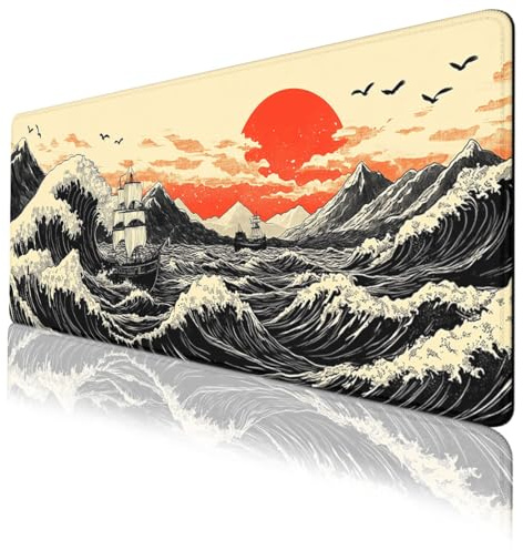 LSXP JR Japanese Waves Gaming Mouse Pad Ocean Red Sun Great Kanagawa Large Gaming Mouse Mat with Stitched Edges,Non-Slip Waterproof Rubber Base Mousepad