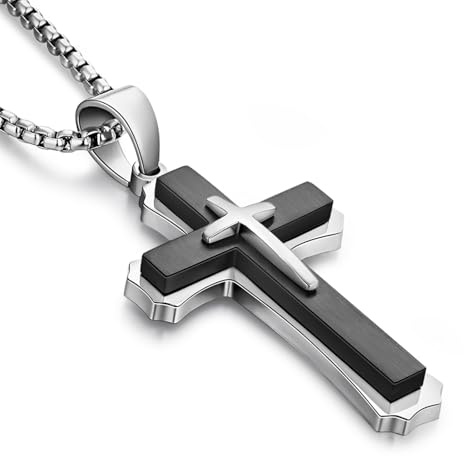 ZDaoBen Kreuz Kette Herren Silber/Gold/Schwarz kreuz Anhänger Halskette 316L Edelstahl Christlicher Schmuck mit 60 CM