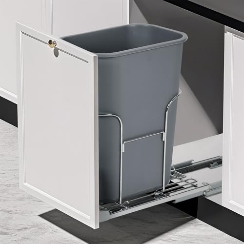 Garvee Soporte Extraíble para Cubo de Basura Estructura Deslizante de Acero Bajo Mueble de Cocina Rieles de Cierre Suave Silencioso Sistema de Montaje en Puerta Sin Contenedor para 35L plata