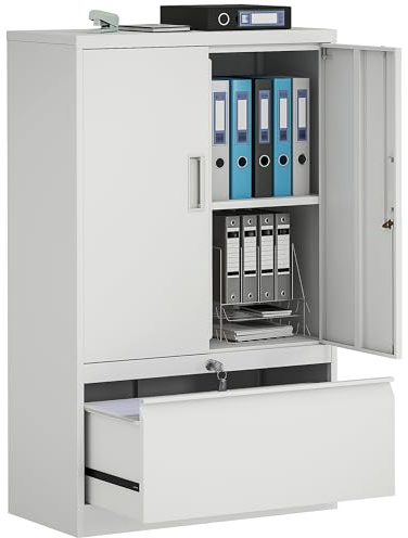 HOMCOM Armadio Portadocumenti 2 Ante in Acciaio con Serratura, Schedario da Ufficio con Ripiani Regolabili, Cassetto per Formato Lettera/Legale/A4, Mobiletto Multiuso per Studio, Bianco