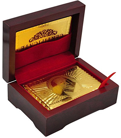 Luxury 24K Gold Foil Poker Playing Cards Deck of Cards with Wooden Gift Box, Premium Waterproof Poker Cards for Party and Card Decks Game, Standard Size