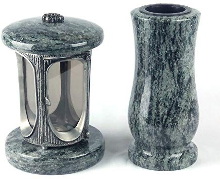 designgrab Alu Grablampe aus Aluminium in Antikoptik und Granit Grabvase in Olive Green