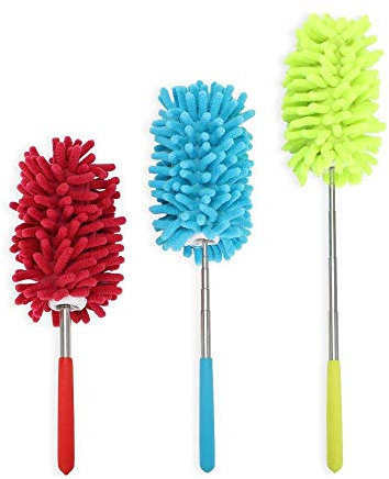 KissDate Microfiber Extendable Hand Dusters Washable Dusting Brush with Telescoping Pole for Cleaning Car, Computer, Air Conditioning, TV and Else Pack of 3 (Red Blue Yellow)
