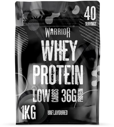 Warrior Whey Protein Powder – Up to 36g* of Protein Per Shake – Low Sugar, and Low Carbs – GMP Certified (Unflavoured, 1kg)