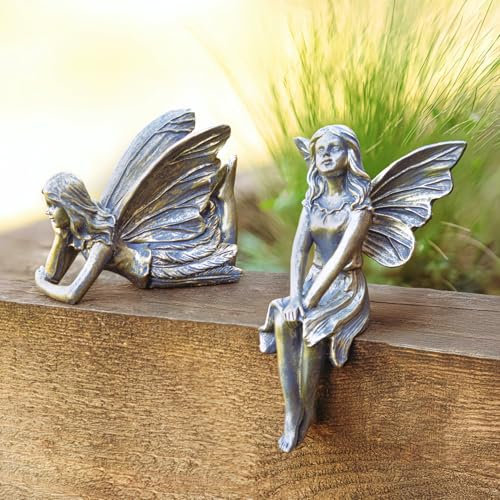 Garden Mile 2pc Winged Fairies Garden Ornaments Outdoor Sitting & Laying Fairy Figurines Decorations Indoor Or Outdoor Angel Ornament Garden Statues Bronze Effect Resin Gift Idea