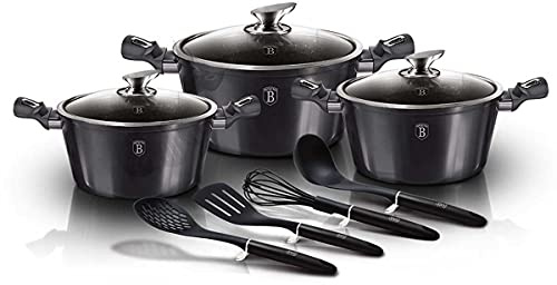 BerlingerHaus BH-6919, Carbon Pro Set di 3 Pentole Induzione, Antiaderente Marmo PFOA-free, Alluminio, 3 Coperchi di Vetro, 4 Utensili, Design Metallic Line, Piano Vetroceramica, Gas, Grigio scuro