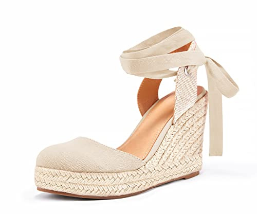 FISACE Womens Summer Lace Up Espadrilles Wedge Sandals Closed Toe Ankle Strap Platform Shoes