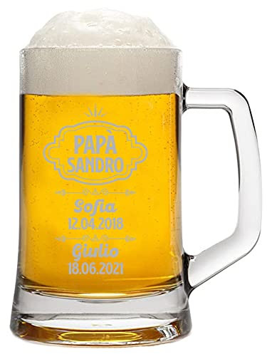 bubbleshirt Boccale Birra Papà Personalizzato Festa del Papà Personalizza con nome papà e nomi e data di nascita dei figli ca 50 cl