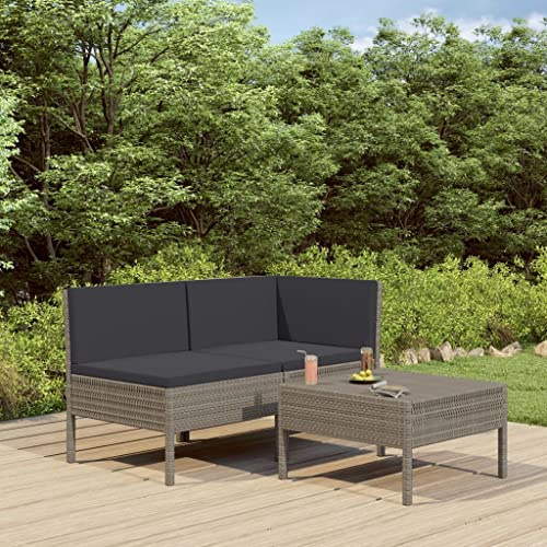 PTUGUOF 3-TLG. Garten-Lounge-Set mit Auflagen Poly Rattan Grau – Modulares Sofa mit Couchtisch, pulverbeschichteter Stahlrahmen, abnehmbare Polsterbezüge aus Polyester