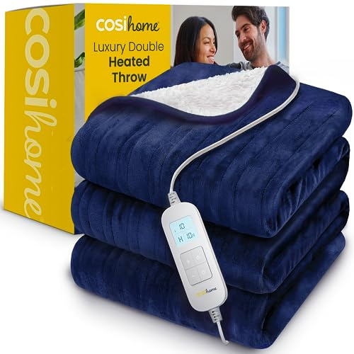 Cosi Home Elektrisk Värmefilt, Dubbel 200 x 150 cm, Extra Stor, Maskintvättbar, Fleece och Sherpa Med Digital Fjärrkontroll, Timer och 10 Värmeinställningar - Marinblå