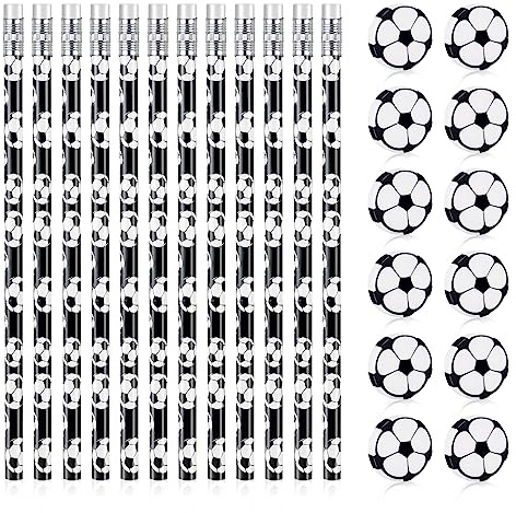 AUAUY 12 Lápices Fútbol, 12 Gomas Borrar Balón, Juego, Tema Fútbol, Papeler
