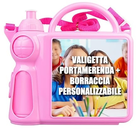 GIFART Porta Pranzo Bambini Personalizzato con Cartoni Animati e Nome due colori - Portapranzo scuola con Borraccia Inclusa - Lunchbox Personalizzabile Tracolla Regolabile e Chiusura Ermetica (Rosa)