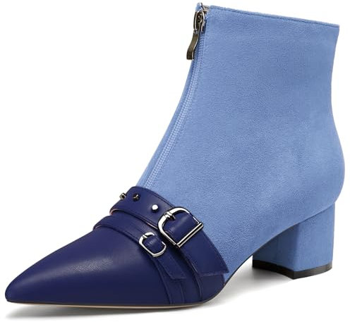 NobleOnly Damen Mittlerem Blockabsatz Absatz Heel Spitze Zehenkappe Nieten Patchwork Stiefeletten Schnalle Reißverschluss Abschlussball Schuhe 5 CM Heels Blau 39 EU